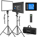 طقم إضاءة فيديو LED من NEEWER، قطعتان من لوحة LED كبيرة قابلة للتعتيم بلونين 18 بوصة مع جهاز تحكم عن بعد لاسلكي 2.4 جيجا وحامل ثلاثي القوائم، 45 وات 3200 كيلو - 5600 كيلو CRI97 + ضوء مفتاح استوديو للتصوير الفوتوغرافي وتسجيل الفيديو