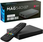 MAG 540w3 جهاز استقبال IPTV أصلي يعمل بنظام Linux بدقة 4K مع واي فاي مزدوج مدمج 5G (802.11ac 2T2R) وشبكة إنترنت IP وHEVC بدقة 4K HDR 540 UHD ومقبس المملكة المتحدة MAG540w3 